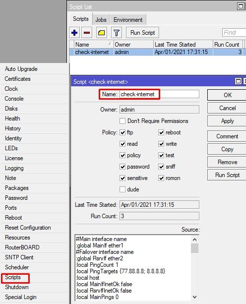 Добавляем скрипт в Mikrotik