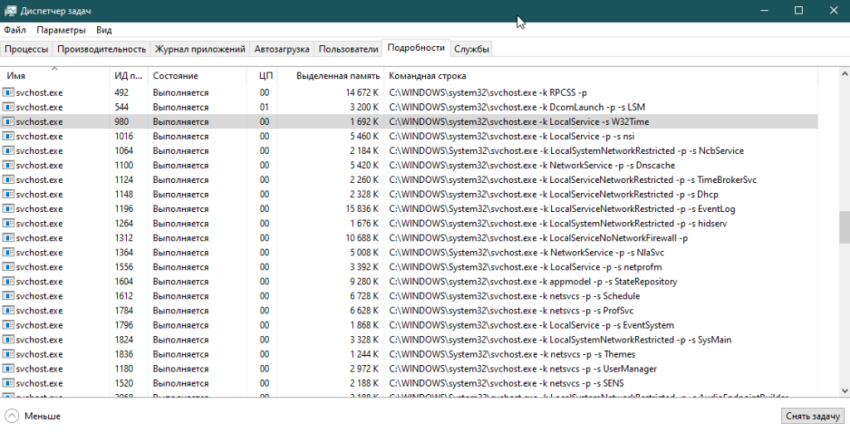 Диспетчер задач.
Службы Windows в процессах svhost.exe