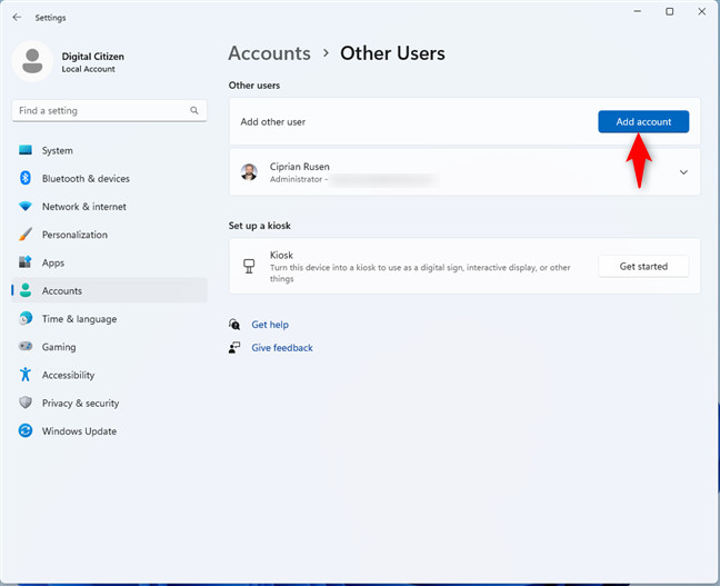 Щелкните или коснитесь Добавить учетную запись