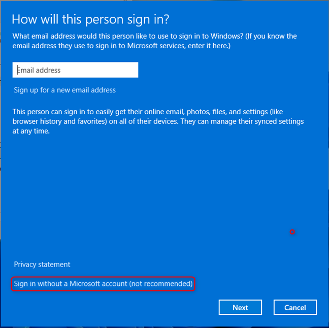 Войти без учетной записи Microsoft (не рекомендуется)