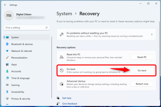 Нажмите Вернуться в параметрах восстановления из Windows 11.