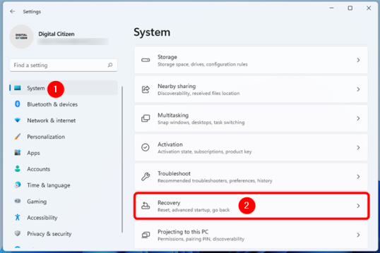 Переход к системе> Восстановление в настройках Windows 11