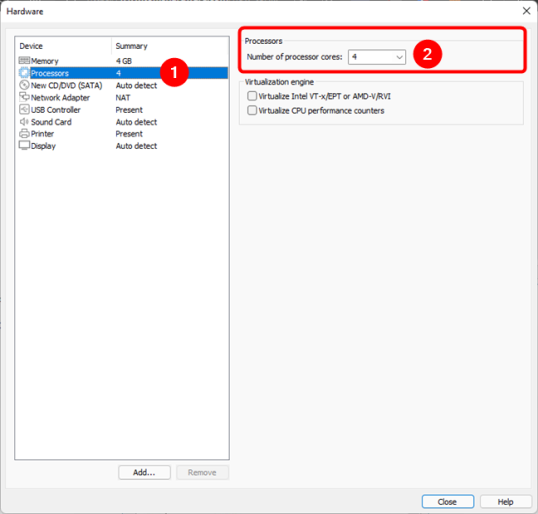Установите количество ядер ЦП, доступных виртуальной машине (не менее 2)