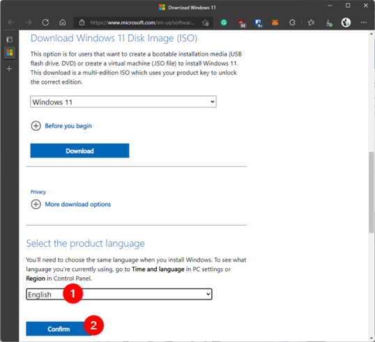 Выберите язык Windows 11 ISO