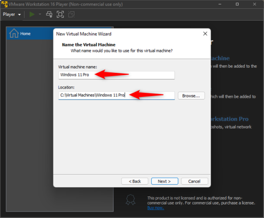 Введите имя и расположение виртуальной машины