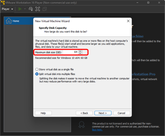 Установите размер диска виртуальной машины не менее 64 ГБ.