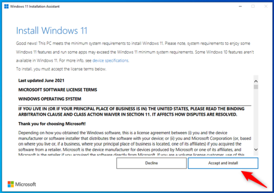 Помощник по установке Windows 11 - нажмите "Принять" и установите