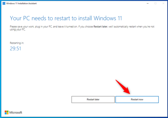 Нажмите Перезагрузить сейчас, чтобы продолжить обновление до Windows 11.