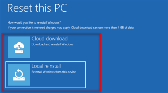 Выберите между загрузкой из облака или локальной переустановкой