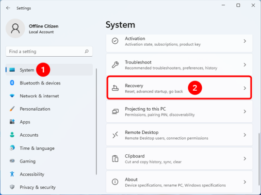 Откройте Система> Восстановление в настройках
