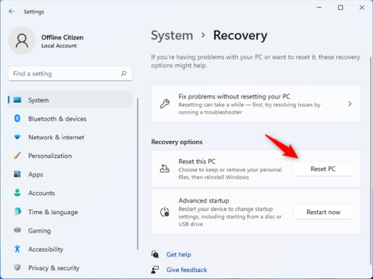 Нажмите кнопку Reset PC