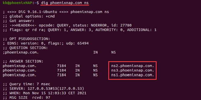 dig phoenixnap.com вывод терминала запросов ns