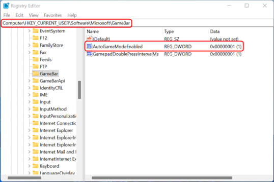 Запись в редакторе реестра для игрового режима