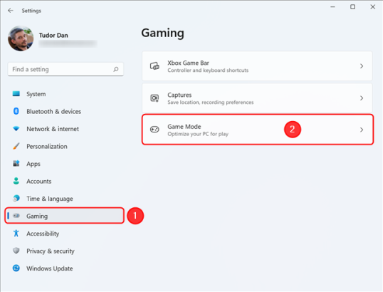 Откройте игровой режим в разделе "Игры" в приложении "Настройки".