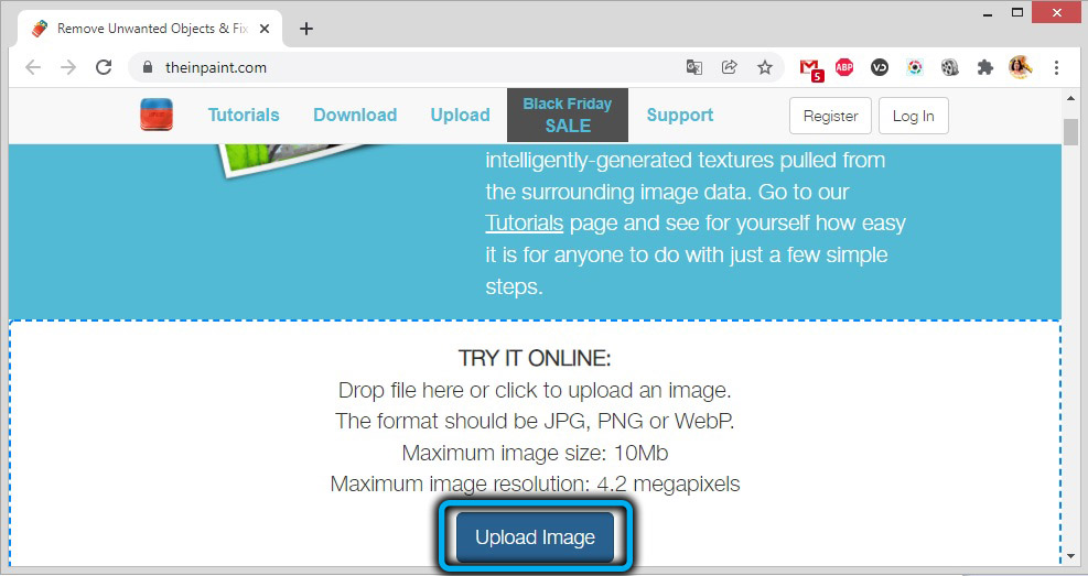 Кнопка «Загрузить изображение» на theinpant