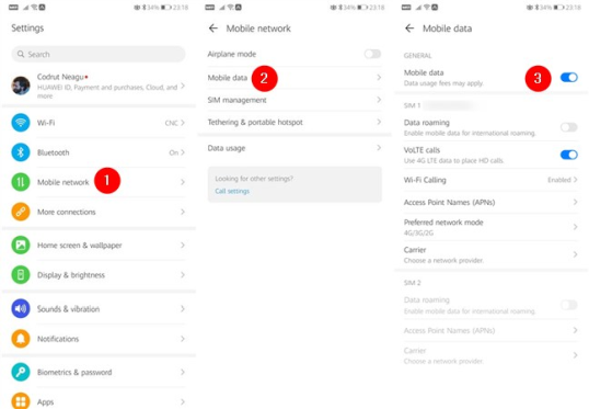 Включение подключения к Интернету для мобильных данных на смартфоне Android