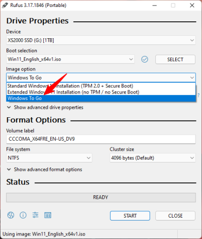 В Rufus выберите создание диска Windows To Go.