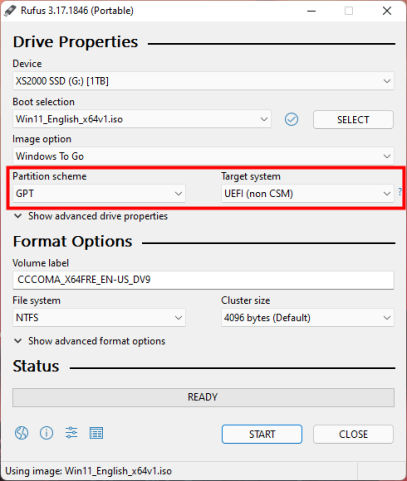 Выберите схему разделов и целевую систему.
