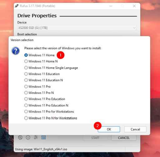 Выберите версию Windows для установки на USB-накопитель.