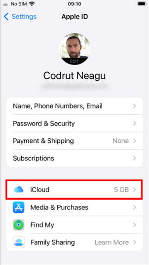 Коснитесь iCloud на странице Apple ID.