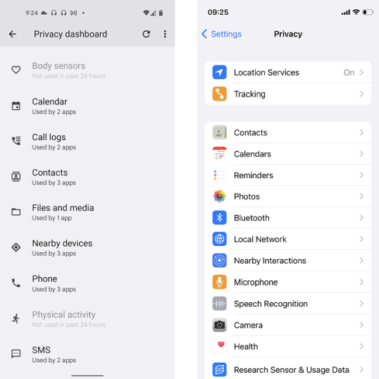 Панель конфиденциальности на Pixel 4a и iPhone 12