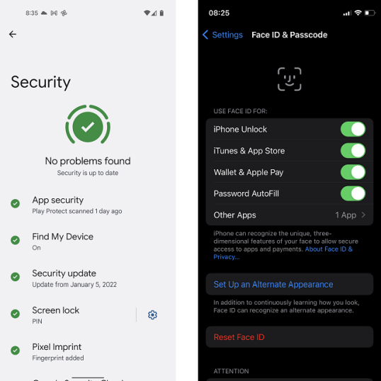 Варианты аутентификации на Pixel 4a и iPhone 12