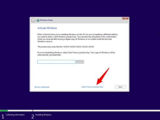Выберите У меня нет ключа продукта