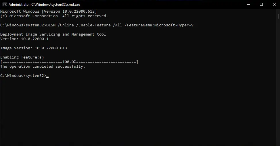 Включить Hyper V с помощью командной строки