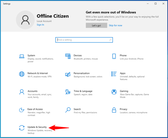 Настройки обновлений и безопасности в Windows 10