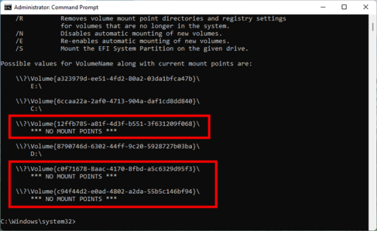 Имена томов скрытых разделов