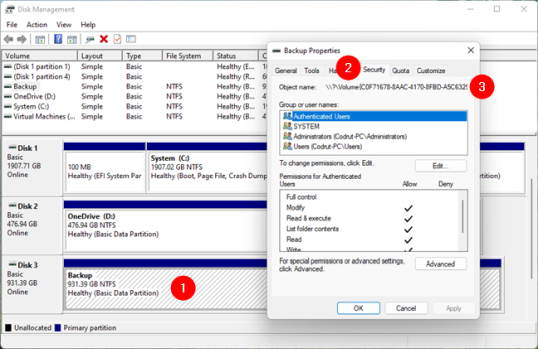 Найдите имя тома скрытого диска