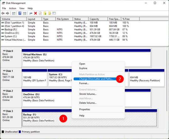 Изменить букву диска и пути для диска