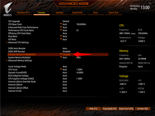 Настройка профиля экстремальной памяти в UEFI