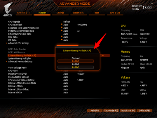 Выберите и включите профиль XMP в UEFI.