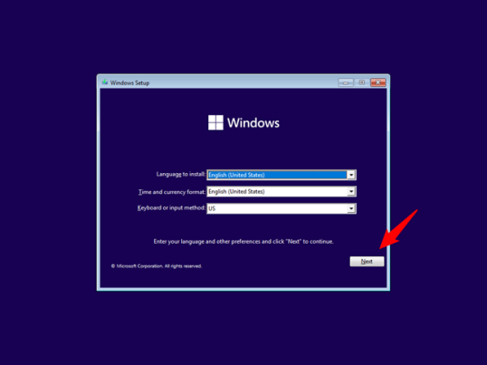 Выполните первый шаг установки Windows.