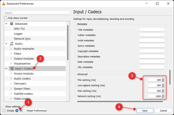 Настройте дополнительные параметры в разделе «Входные кодеки».
