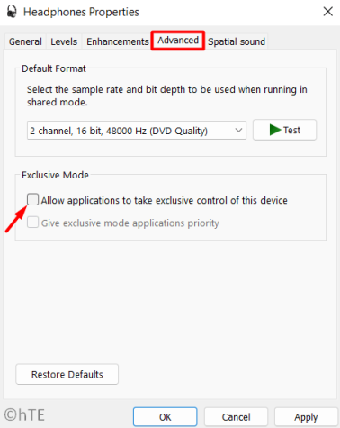 Отключить эксклюзивный режим для вашего аудиоустройства