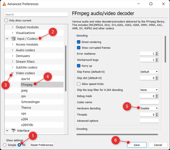 Отключить аппаратное декодирование на VLC