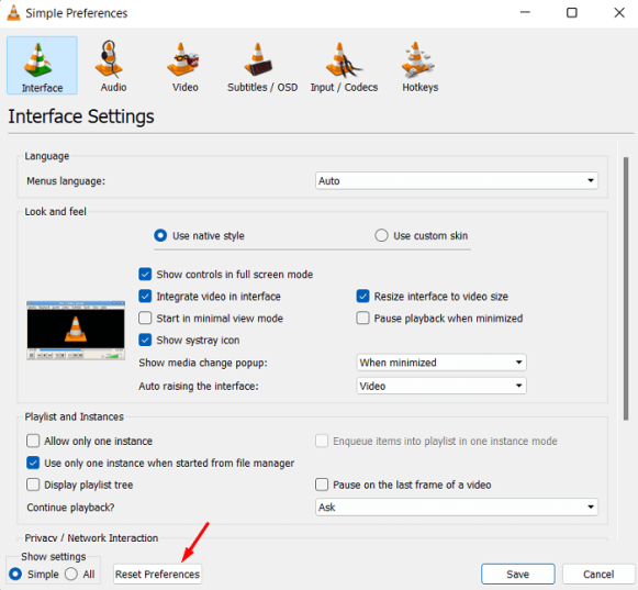Сбросить настройки в VLC - VLC не работает в Windows