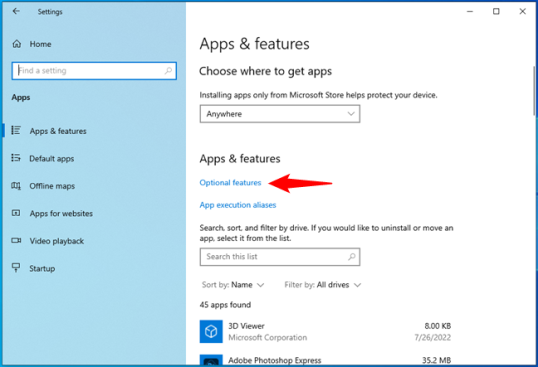 Ссылка «Дополнительные функции» в разделе «Приложения и функции».