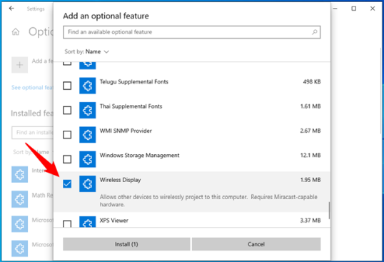 Выберите дополнительную функцию для установки