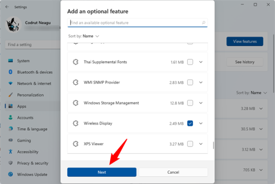 Нажмите «Далее» после выбора дополнительных функций, которые вы хотите