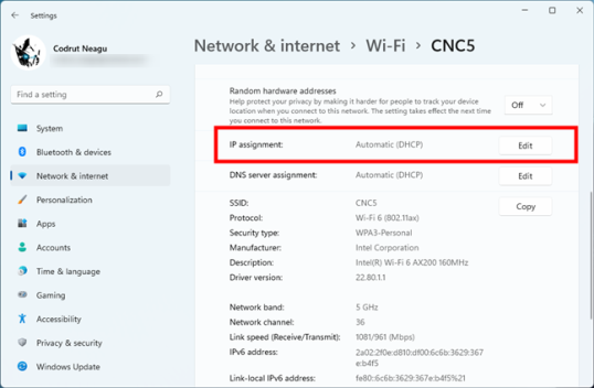 Кнопка «Редактировать» рядом с назначением IP