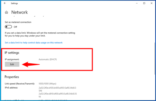Кнопка «Редактировать» в области назначения IP-адресов