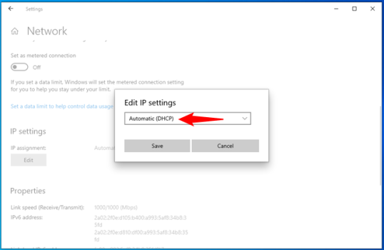 Измените настройки IP, чтобы получить IP-адрес автоматически через DHCP