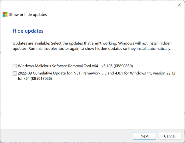 список обновлений, которые нужно скрыть