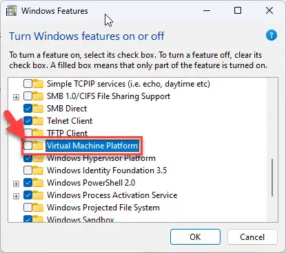 Отключить платформу виртуальных машин