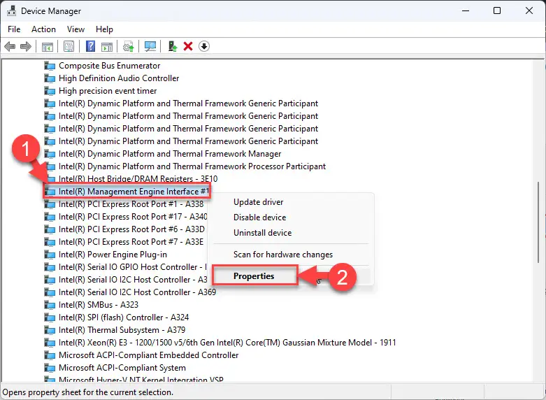 Откройте свойства интерфейса Intel Management Engine.