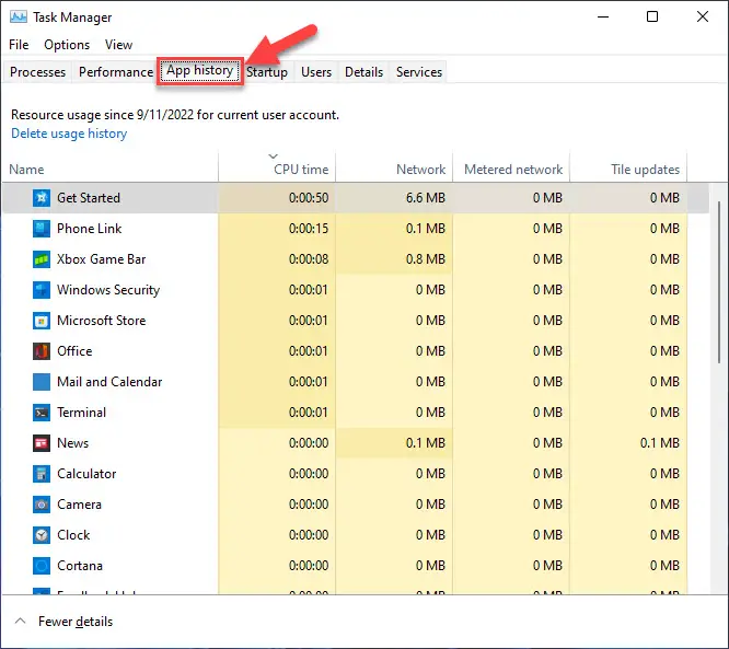 Переключиться на вкладку «История приложений»