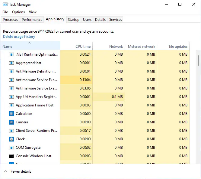 Просмотреть все детали процессов в истории приложений